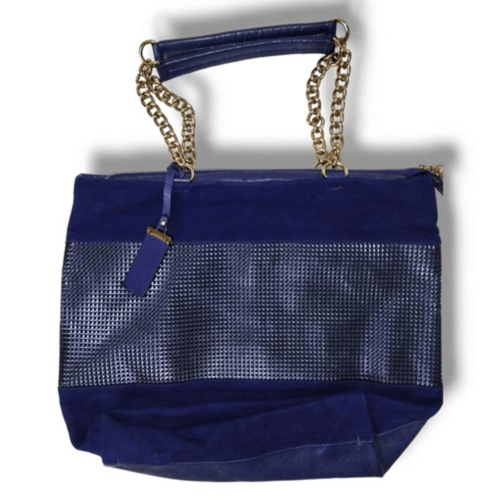 Arezzo Blue Leather‎ Suede Metallic Grid Tote Bag Gold Chain Handle